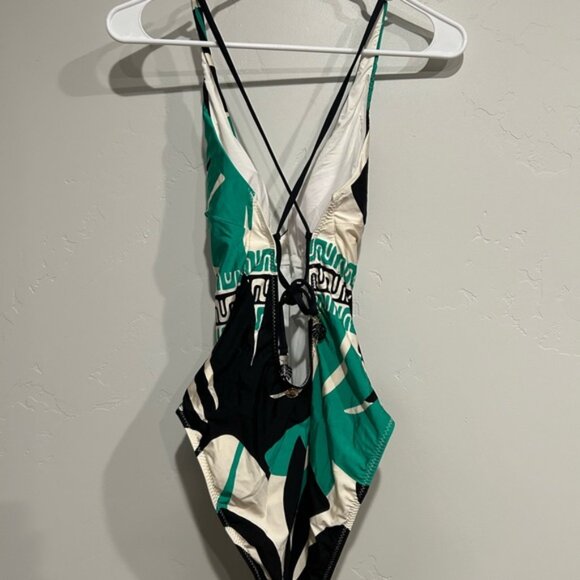 Green and Black Patterned Swim Set One Piece Size M and Kimono with Tassels - Picture 3 of 8